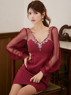 【ウィンターセール！】SALE!デコルテビジュードレス/チュール袖/サイド透け/シアースリット/谷間見せ/背中見せ/ミニドレス/キャバドレス【S-Lサイズ/1カラー】[HC02] 【SB】dzw