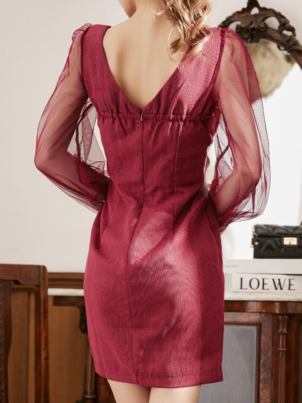 画像7: デコルテビジュードレス/チュール袖/サイド透け/シアースリット/谷間見せ/背中見せ/ミニドレス/キャバドレス【S-Lサイズ/1カラー】[HC02] 【SB】dzw