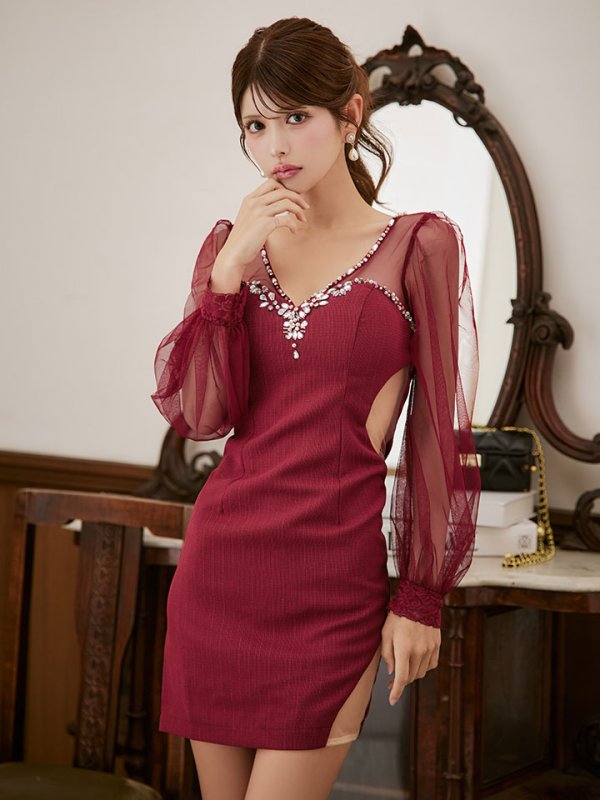 画像11: デコルテビジュードレス/チュール袖/サイド透け/シアースリット/谷間見せ/背中見せ/ミニドレス/キャバドレス【S-Lサイズ/1カラー】[HC02] 【SB】dzw