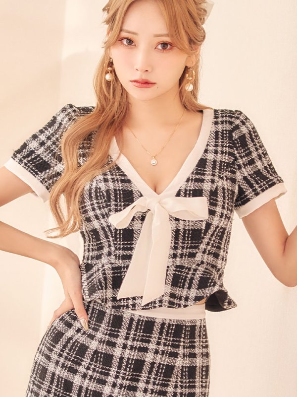 画像10: セットアップツイードミニドレス/リボン/Vカット/フリル/チェック柄/ショートスリーブ/谷間見せ/背中隠し/ミニドレス/キャバドレス 【XS-Mサイズ/1カラー】[HC02] 【SB】dzw