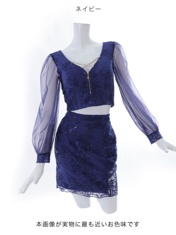 画像31: セットアップ刺繍レースミニドレス/フロントジップ/スパンコール/谷間見せ/背中隠し/肌見せ/バストクロス/シアー袖/ミニドレス/キャバドレス 【S-Lサイズ/4カラー】[HC02]【SB】dzw