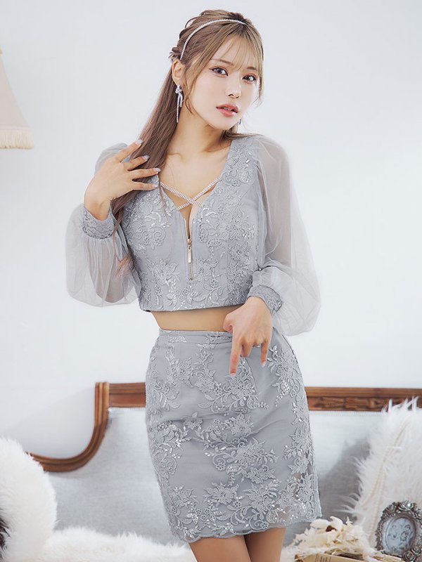 画像7: セットアップ刺繍レースミニドレス/フロントジップ/スパンコール/谷間見せ/背中隠し/肌見せ/バストクロス/シアー袖/ミニドレス/キャバドレス 【S-Lサイズ/4カラー】[HC02]【SB】dzw