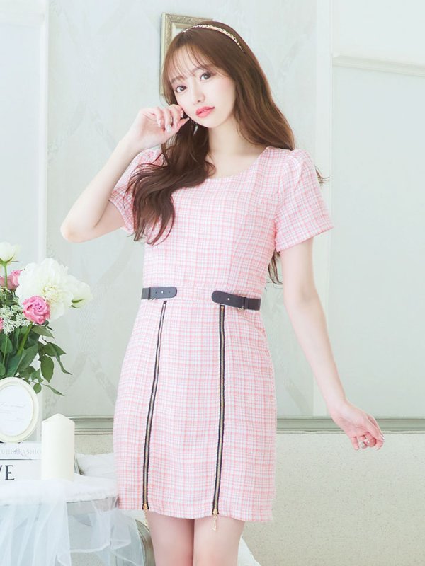 画像4: チェックツイードドレス/半袖/ジッパー/ミニドレス/キャバドレス【XS-Lサイズ/2カラー】[HC02] 【SB】dzw