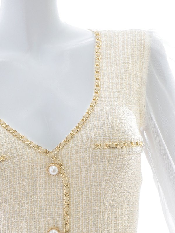 画像15: ツイードチェックドレス/チュール袖/パールボタン/チェーン/透け感/谷間見せ/背中隠し/ミニドレス/キャバドレス【S-Lサイズ/1カラー】[HC02] 【SB】dzw