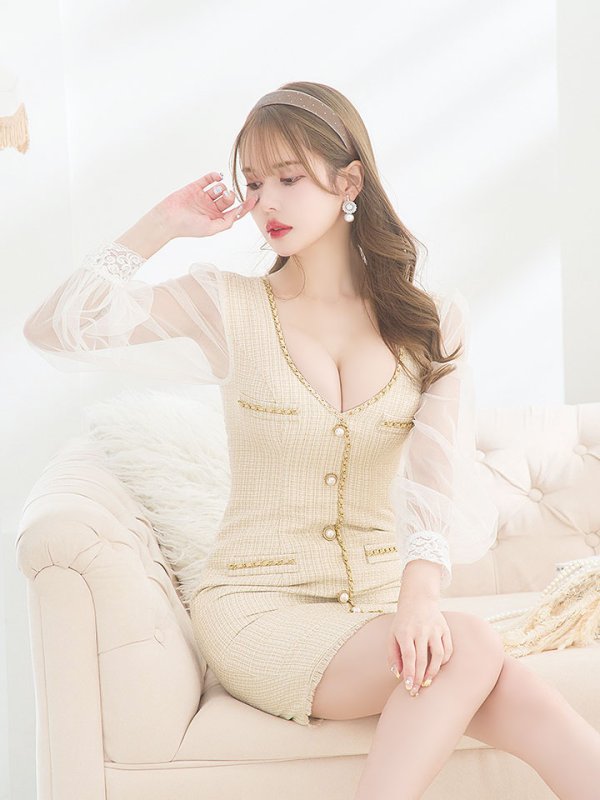 画像8: ツイードチェックドレス/チュール袖/パールボタン/チェーン/透け感/谷間見せ/背中隠し/ミニドレス/キャバドレス【S-Lサイズ/1カラー】[HC02] 【SB】dzw