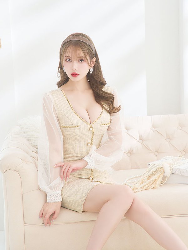 画像9: ツイードチェックドレス/チュール袖/パールボタン/チェーン/透け感/谷間見せ/背中隠し/ミニドレス/キャバドレス【S-Lサイズ/1カラー】[HC02] 【SB】dzw