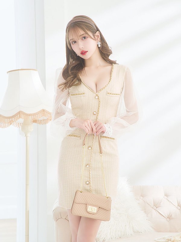 画像10: ツイードチェックドレス/チュール袖/パールボタン/チェーン/透け感/谷間見せ/背中隠し/ミニドレス/キャバドレス【S-Lサイズ/1カラー】[HC02] 【SB】dzw