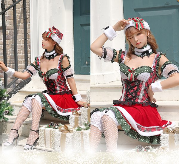 画像9: 【即日発送】【クリスマスコスプレ7点セット】【Malymoon/マリームーン】ドットチェックサンタクロース【フリーサイズ/1カラー】[YMT]