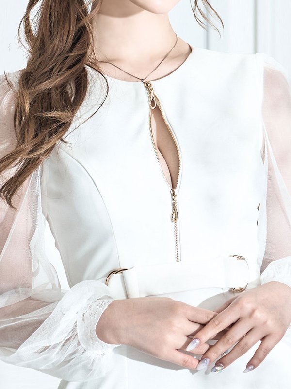 画像6: ジップアップドレス/チュール袖/刺繍/布ベルト/シアー/スリット/透け/谷間見せ/背中隠し/ミニドレス/キャバドレス【XS-XLサイズ/3カラー】[HC02-X] 【SB】dzw