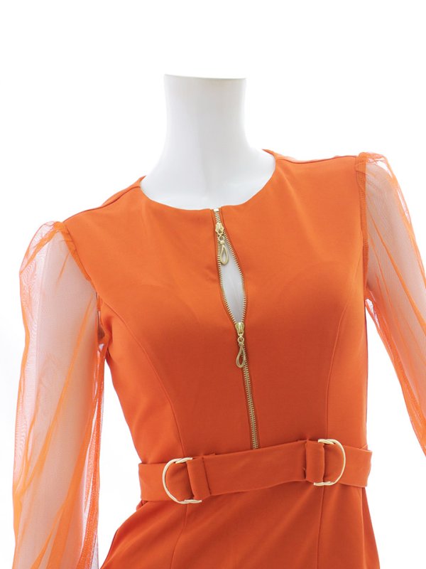 画像32: ジップアップドレス/チュール袖/刺繍/布ベルト/シアー/スリット/透け/谷間見せ/背中隠し/ミニドレス/キャバドレス【XS-XLサイズ/3カラー】[HC02-X] 【SB】dzw