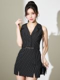 ストライプセットアップ/ノースリーブ/開襟/谷間見せ/背中隠し/ミニドレス/キャバドレス【XS-Lサイズ/1カラー】[OF04-U] 【SB】dzw
