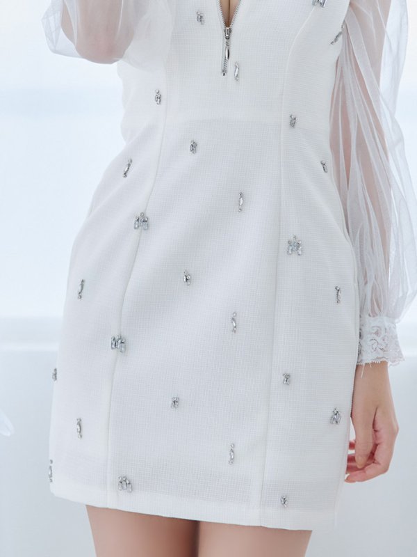 画像5: ジップアップドレス/チュール袖/レース/ビジュー/シアー/タイト/透け/谷間見せ/背中隠し/ミニドレス/キャバドレス【XS-XLサイズ/1カラー】[HC02] 【SB】dzc