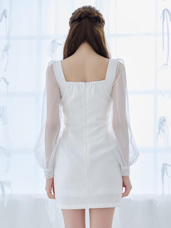 画像6: ジップアップドレス/チュール袖/レース/ビジュー/シアー/タイト/透け/谷間見せ/背中隠し/ミニドレス/キャバドレス【XS-XLサイズ/1カラー】[HC02] 【SB】dzc