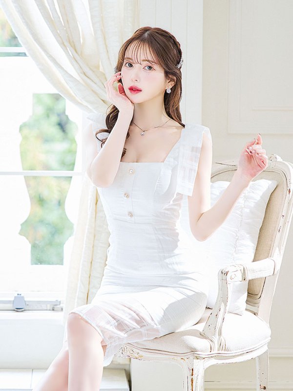 画像9: 【sifeel/シフィール】チュールレイヤードワンピース/ノースリーブ/リボン/パールボタン/谷間見せ/背中見せ/ミディアムドレス/キャバドレス【S-Mサイズ/2カラー】[HC02] 【SB】