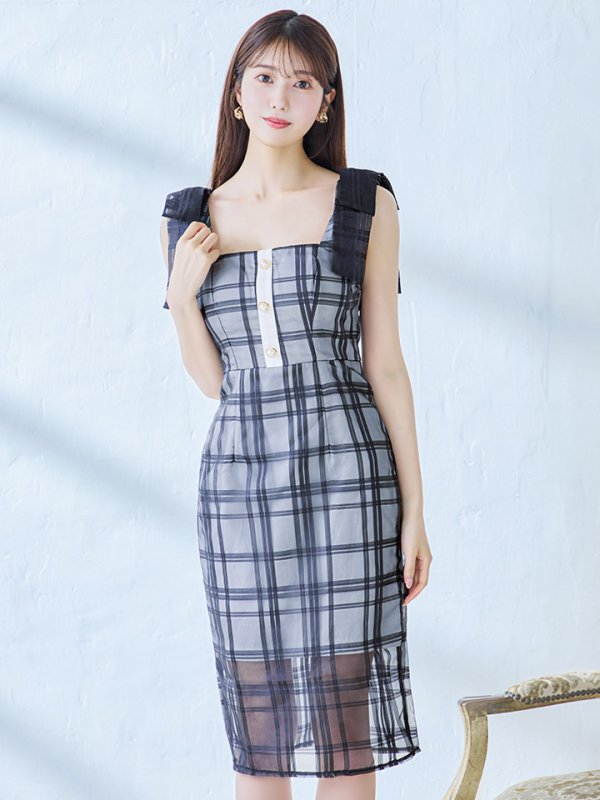 画像4: 【sifeel/シフィール】チュールレイヤードワンピース/ノースリーブ/リボン/パールボタン/谷間見せ/背中見せ/ミディアムドレス/キャバドレス【S-Mサイズ/2カラー】[HC02] 【SB】