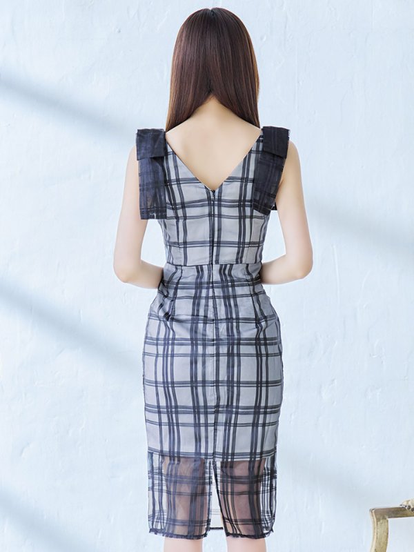 画像7: 【sifeel/シフィール】チュールレイヤードワンピース/ノースリーブ/リボン/パールボタン/谷間見せ/背中見せ/ミディアムドレス/キャバドレス【S-Mサイズ/2カラー】[HC02] 【SB】