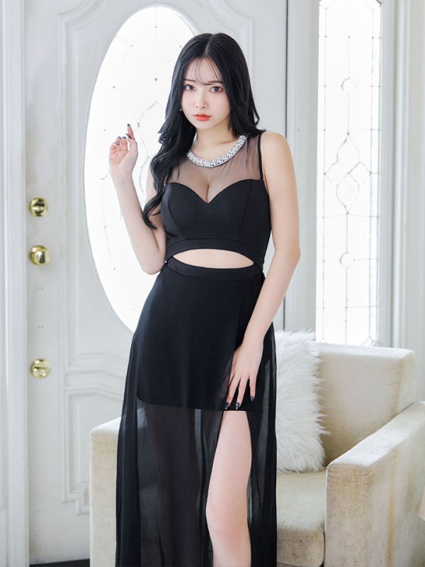 画像9: シースルーノースリーブドレス/チュール/ビジュー/パール/谷間見せ/背中見せ/ロングドレス/キャバドレス【S-Lサイズ/1カラー】[HC02] 【SB】dzj