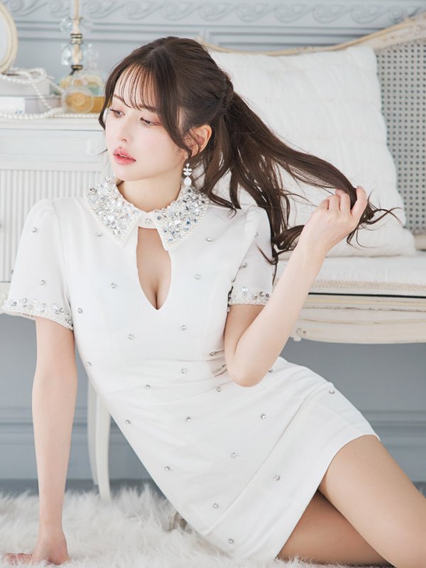 画像17: 【送料無料!】ビジューミニドレス/パール/襟/半袖/谷間見せ/背中隠し/ミニドレス/キャバドレス【XS-XLサイズ/4カラー】[OF01A-X] 【SB】dzw