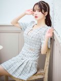 ツイードワンピースドレス/チェック柄/デザインバックル/Aライン/谷間見せ/背中隠し/ミニドレス/キャバドレス【XS-Mサイズ/1カラー】[OF04] 【SB】dzws