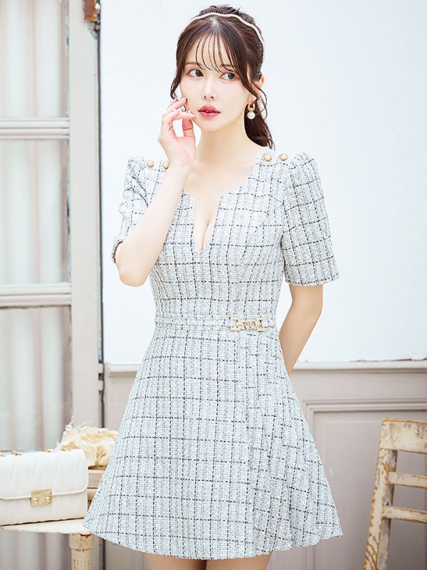 画像3: 新サイズ登場!ツイードワンピースドレス/チェック柄/デザインバックル/Aライン/谷間見せ/背中隠し/ミニドレス/キャバドレス【XS-Lサイズ/1カラー】[OF01A] 【SB】dzws