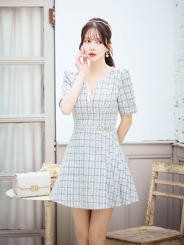 画像4: 新サイズ登場!ツイードワンピースドレス/チェック柄/デザインバックル/Aライン/谷間見せ/背中隠し/ミニドレス/キャバドレス【XS-Lサイズ/1カラー】[OF01A] 【SB】dzws