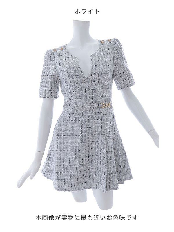 画像13: 新サイズ登場!ツイードワンピースドレス/チェック柄/デザインバックル/Aライン/谷間見せ/背中隠し/ミニドレス/キャバドレス【XS-Lサイズ/1カラー】[OF01A] 【SB】dzws