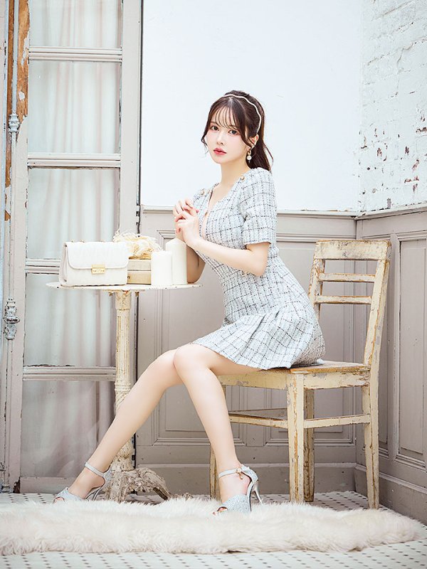 画像7: 新サイズ登場!ツイードワンピースドレス/チェック柄/デザインバックル/Aライン/谷間見せ/背中隠し/ミニドレス/キャバドレス【XS-Lサイズ/1カラー】[OF01A] 【SB】dzws