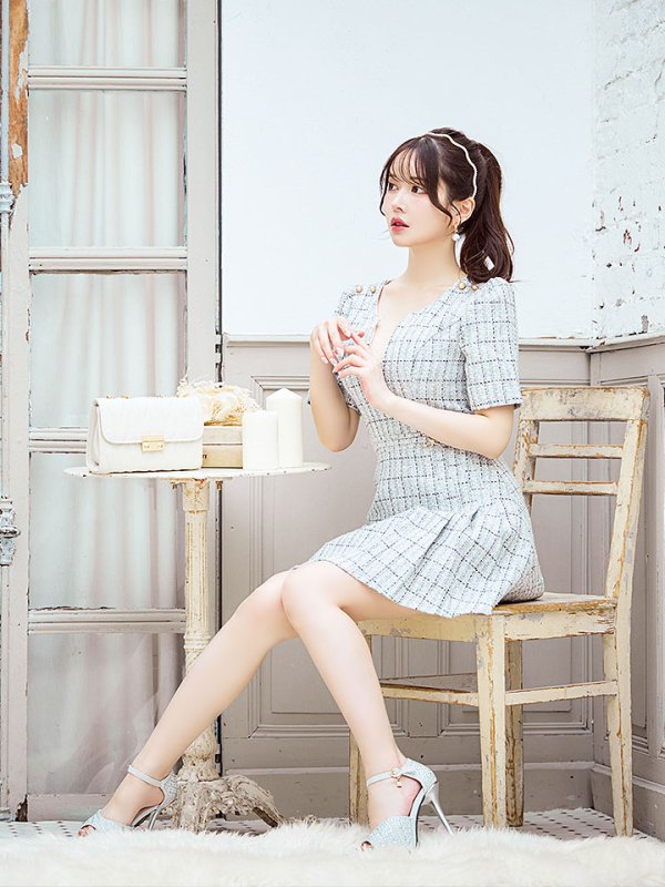 画像8: 新サイズ登場!ツイードワンピースドレス/チェック柄/デザインバックル/Aライン/谷間見せ/背中隠し/ミニドレス/キャバドレス【XS-Lサイズ/1カラー】[OF01A] 【SB】dzws