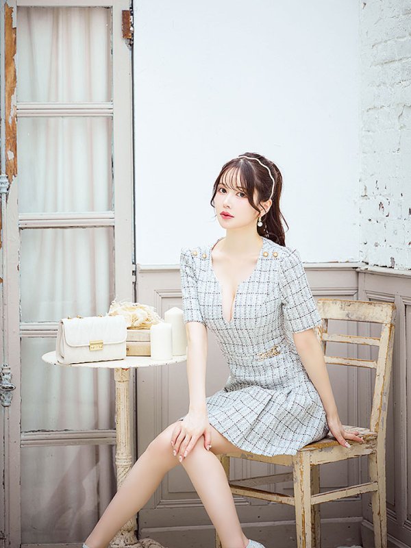 画像9: 新サイズ登場!ツイードワンピースドレス/チェック柄/デザインバックル/Aライン/谷間見せ/背中隠し/ミニドレス/キャバドレス【XS-Lサイズ/1カラー】[OF01A] 【SB】dzws