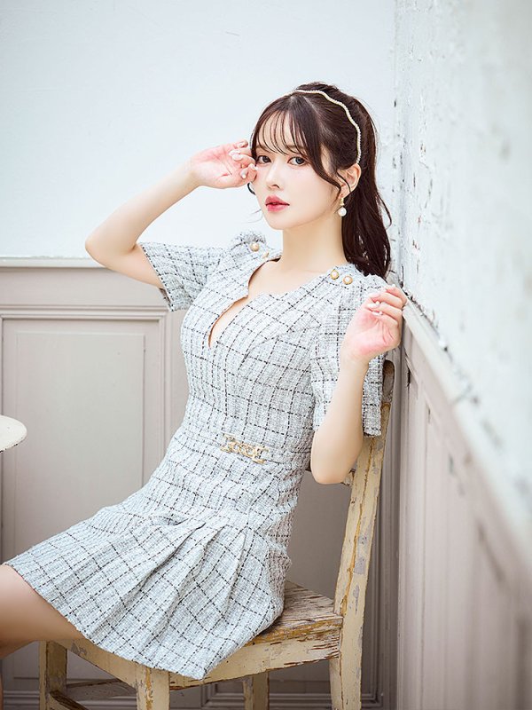 画像12: 新サイズ登場!ツイードワンピースドレス/チェック柄/デザインバックル/Aライン/谷間見せ/背中隠し/ミニドレス/キャバドレス【XS-Lサイズ/1カラー】[OF01A] 【SB】dzws