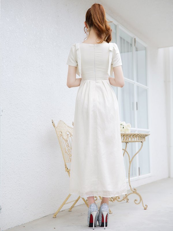 画像6: SALE!シフォンハイウエストタックドレス/ギャザー/リボン/フレアー/半袖/谷間見せ/背中隠し/ロングドレス/キャバドレス【S-Lサイズ/1カラー】[OF01] 【SB】dzw