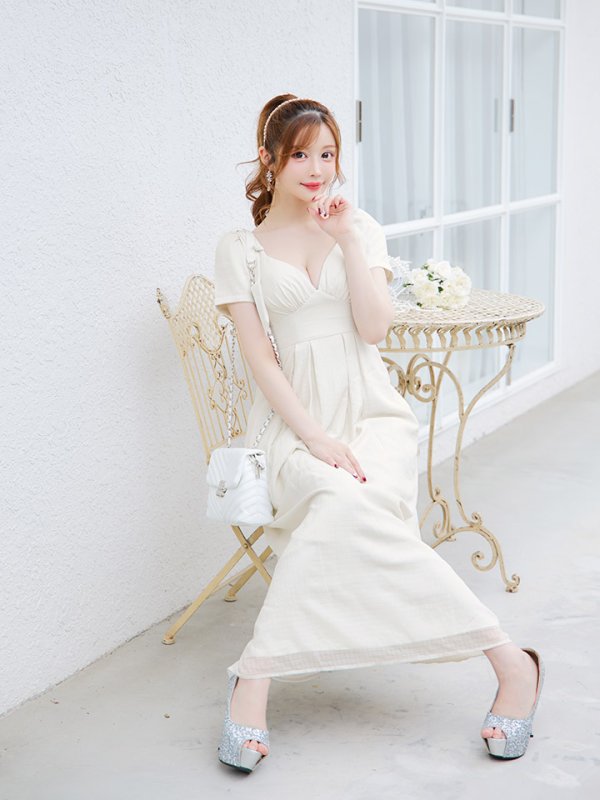 画像11: SALE!シフォンハイウエストタックドレス/ギャザー/リボン/フレアー/半袖/谷間見せ/背中隠し/ロングドレス/キャバドレス【S-Lサイズ/1カラー】[OF01] 【SB】dzw