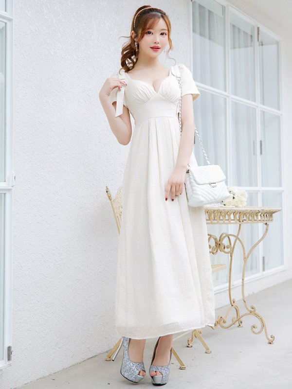 画像12: SALE!シフォンハイウエストタックドレス/ギャザー/リボン/フレアー/半袖/谷間見せ/背中隠し/ロングドレス/キャバドレス【S-Lサイズ/1カラー】[OF01] 【SB】dzw