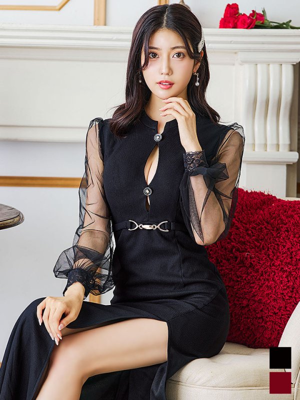 画像3: 【ウィンターセール！】SALE!ボリュームシアーチュールスリーブドレス/ワッフル/タイト/スリット/谷間見せ/ロングドレス/キャバドレス【S-Lサイズ/2カラー】[HC02] 【SB】dzw