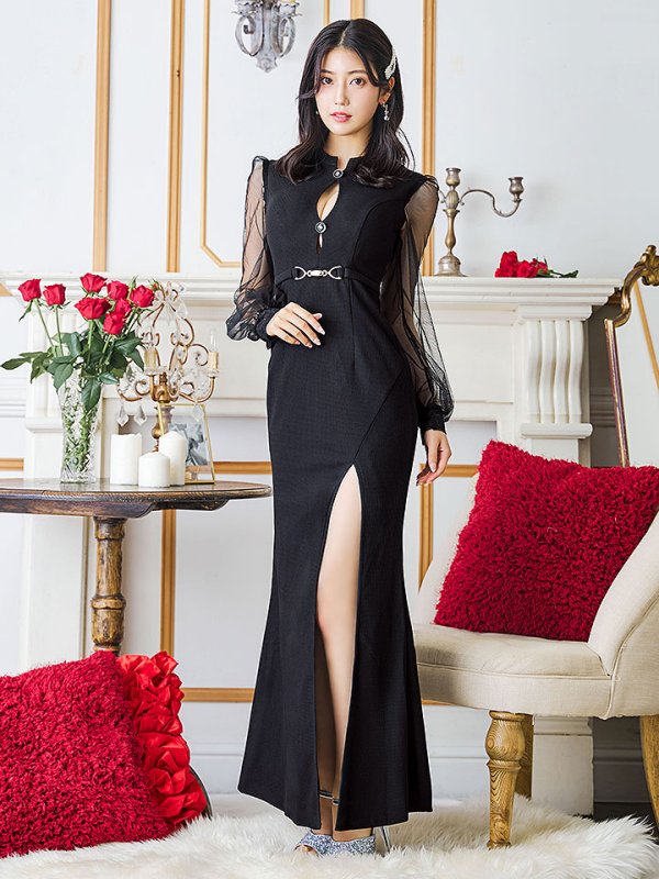 画像5: 【ウィンターセール！】SALE!ボリュームシアーチュールスリーブドレス/ワッフル/タイト/スリット/谷間見せ/ロングドレス/キャバドレス【S-Lサイズ/2カラー】[HC02] 【SB】dzw