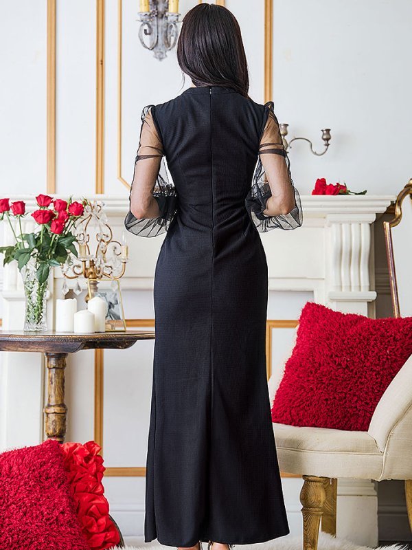 画像9: 【ウィンターセール！】SALE!ボリュームシアーチュールスリーブドレス/ワッフル/タイト/スリット/谷間見せ/ロングドレス/キャバドレス【S-Lサイズ/2カラー】[HC02] 【SB】dzw