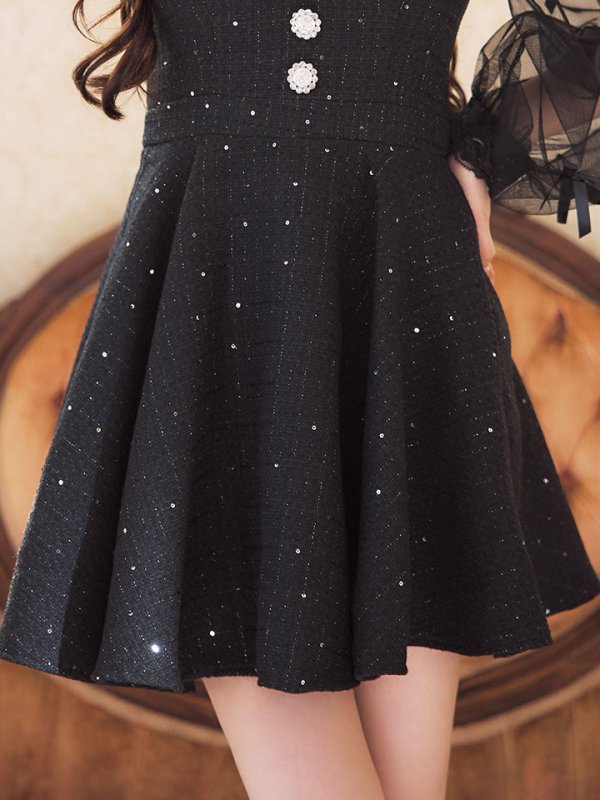 画像5: シアー長袖リボンツイードフレアワンピース/キャバドレス【XS-XLサイズ/1カラー】[OF01A] 【SB】dzco