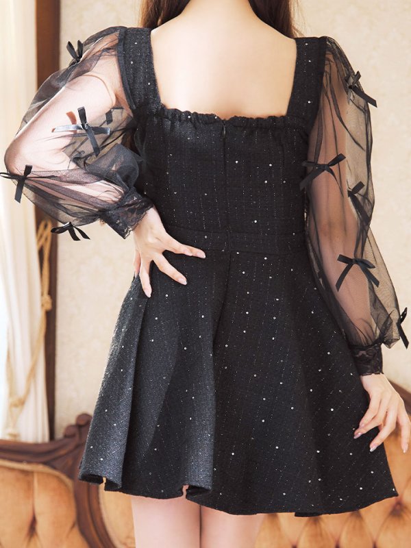 画像6: シアー長袖リボンツイードフレアワンピース/キャバドレス【XS-XLサイズ/1カラー】[OF01A] 【SB】dzco