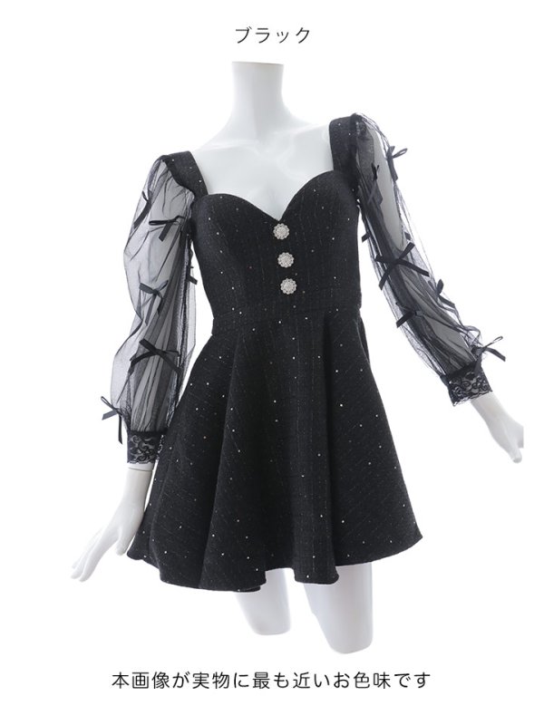 画像13: シアー長袖リボンツイードフレアワンピース/キャバドレス【XS-XLサイズ/1カラー】[OF01A] 【SB】dzco