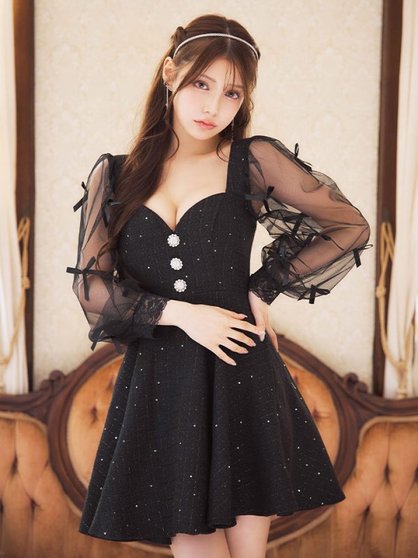 画像12: シアー長袖リボンツイードフレアワンピース/キャバドレス【XS-XLサイズ/1カラー】[OF01A] 【SB】dzco