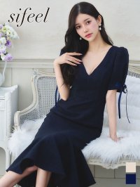 【sifeel/シフィール】ツイード/マーメイド/Vネック/リボン/パフスリーブ/谷間見せ/背中隠し/ミディアムドレス/キャバドレス【S-Lサイズ/2カラー】[OF01] 【SB】dzcv