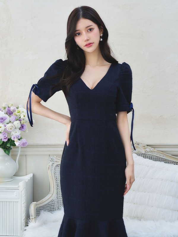画像4: 【sifeel/シフィール】ツイードマーメイドドレス/Vネック/リボン/谷間見せ/背中隠し/ミディアムドレス/キャバドレス【S-Lサイズ/2カラー】[OF01A] 【SB】dzcv