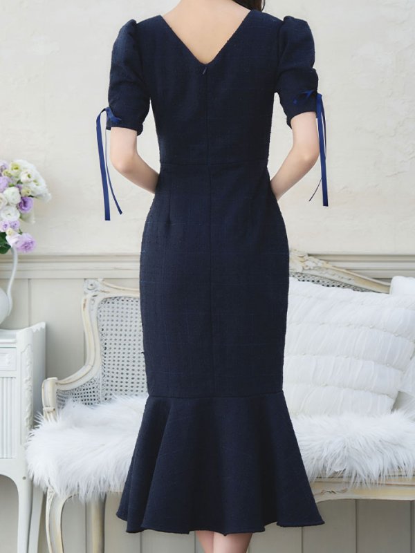 画像7: 【sifeel/シフィール】ツイードマーメイドドレス/Vネック/リボン/谷間見せ/背中隠し/ミディアムドレス/キャバドレス【S-Lサイズ/2カラー】[OF01A] 【SB】dzcv