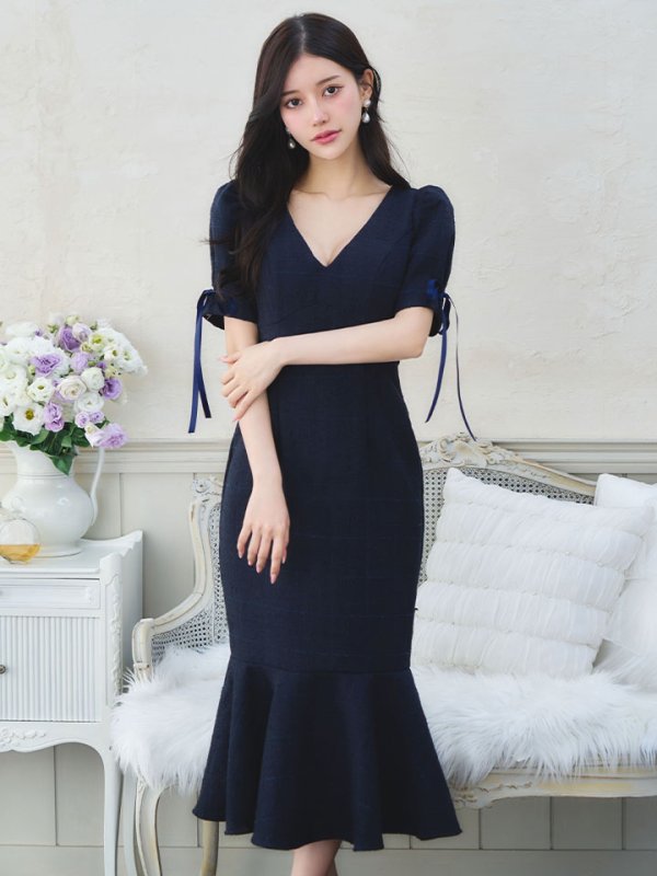 画像8: 【sifeel/シフィール】ツイードマーメイドドレス/Vネック/リボン/谷間見せ/背中隠し/ミディアムドレス/キャバドレス【S-Lサイズ/2カラー】[OF01A] 【SB】dzcv