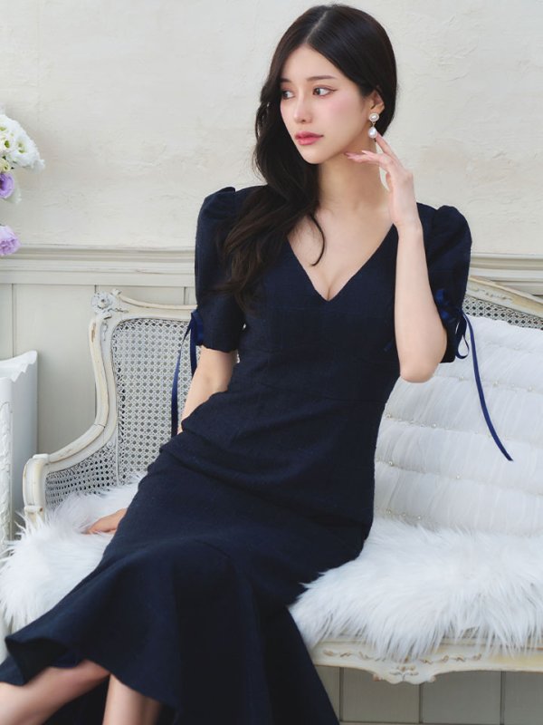 画像9: 【sifeel/シフィール】ツイードマーメイドドレス/Vネック/リボン/谷間見せ/背中隠し/ミディアムドレス/キャバドレス【S-Lサイズ/2カラー】[OF01A] 【SB】dzcv