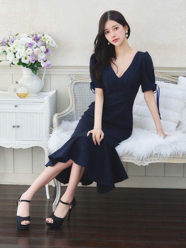 画像10: 【sifeel/シフィール】ツイードマーメイドドレス/Vネック/リボン/谷間見せ/背中隠し/ミディアムドレス/キャバドレス【S-Lサイズ/2カラー】[OF01A] 【SB】dzcv