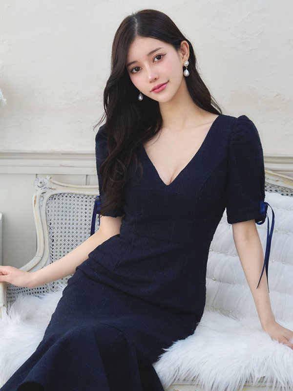画像12: 【sifeel/シフィール】ツイードマーメイドドレス/Vネック/リボン/谷間見せ/背中隠し/ミディアムドレス/キャバドレス【S-Lサイズ/2カラー】[OF01A] 【SB】dzcv
