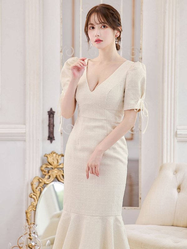 画像4: 【sifeel/シフィール】ツイードマーメイドドレス/Vネック/リボン/谷間見せ/背中隠し/ミディアムドレス/キャバドレス【S-Lサイズ/2カラー】[OF01] 【SB】dzcv