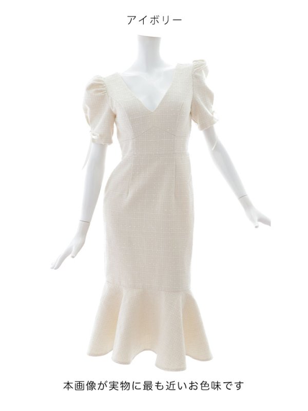 画像20: 【sifeel/シフィール】ツイードマーメイドドレス/Vネック/リボン/谷間見せ/背中隠し/ミディアムドレス/キャバドレス【S-Lサイズ/2カラー】[OF01A] 【SB】dzcv