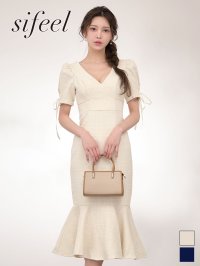 【sifeel/シフィール】ツイード/マーメイド/Vネック/リボン/パフスリーブ/谷間見せ/背中隠し/ミディアムドレス/キャバドレス【S-Lサイズ/2カラー】[OF01] 【SB】dzcv